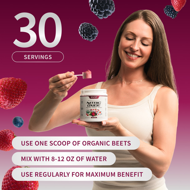 Snap Supplements Nitric Oxide Beets — how to use: mix one scoop into 8-12 oz of water or your favourite drink daily
