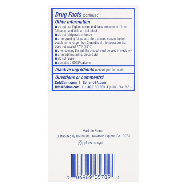 Boiron COLDCALM BABY 30 Liquid Doses Ingredients Panel