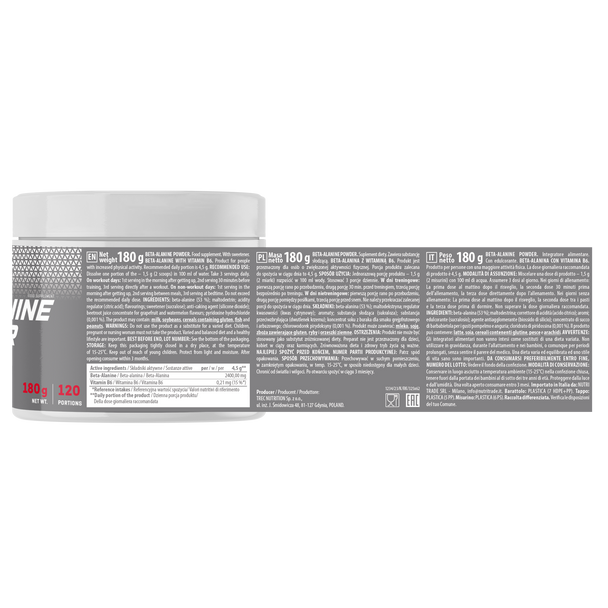 Trec Nutrition BETA-ALANINE POWDER 180g JAR Ingredients Panel
