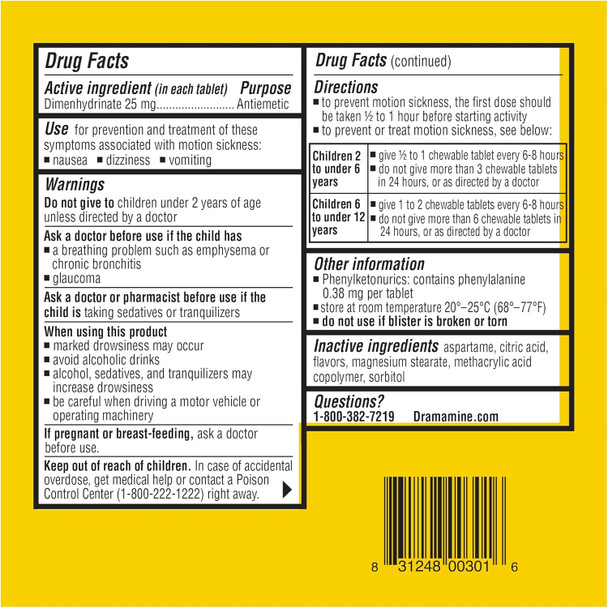 Dramamine Motion Sickness For Kids - 8 Chewable Tabs Ingredients Panel