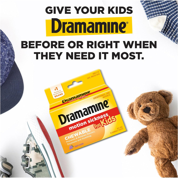 Dramamine Motion Sickness For Kids 8 Chewable Tablets Grape