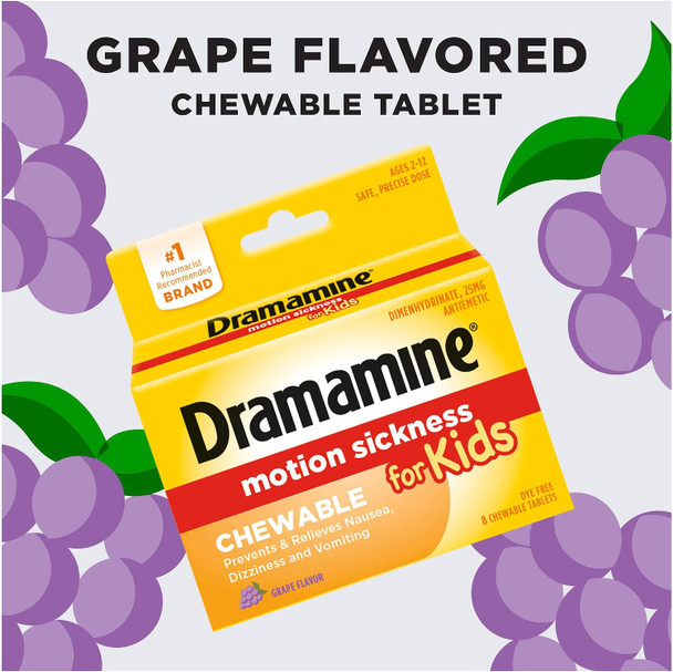 Dramamine Motion Sickness For Kids 8 Chewable Tablets Grape