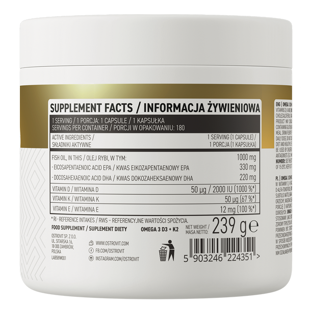 OstroVit Omega 3 D3+K2 180 capsules Main Product Image
