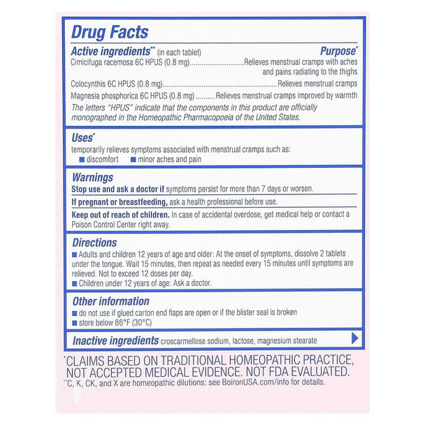 Boiron Cyclease Cramp – 60 Tablets Ingredients Panel