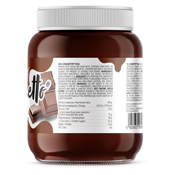 OstroVit Creametto 350g - Cocoa-Hazelnut Vege Ingredients Panel