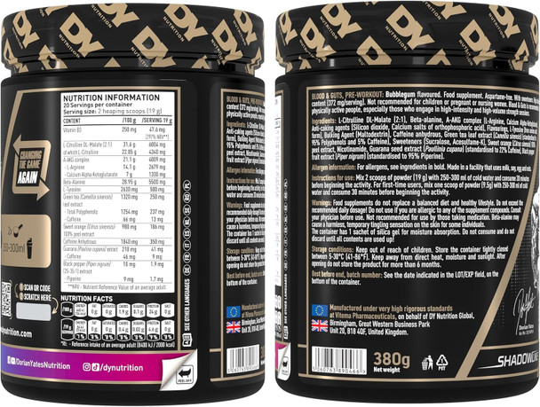 DY Nutrition The Creatine 400g + Blood&Guts Pre-workout 380G Ingredients Panel