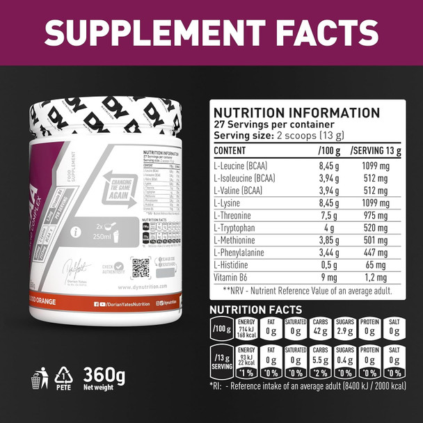 Dorian Yates Hit EAA Amino Acid Complex 360g Ingredients Panel