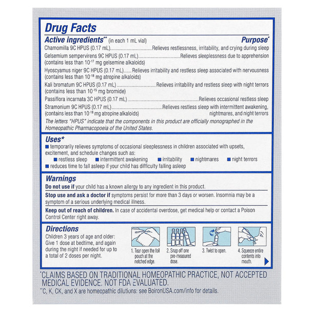 Boiron SleepCalm Kids Liquid Doses - 15 Doses Ingredients Panel