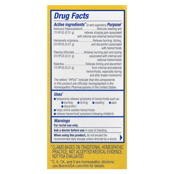 Boiron HemCalm Suppositories - 10 CT Ingredients Panel