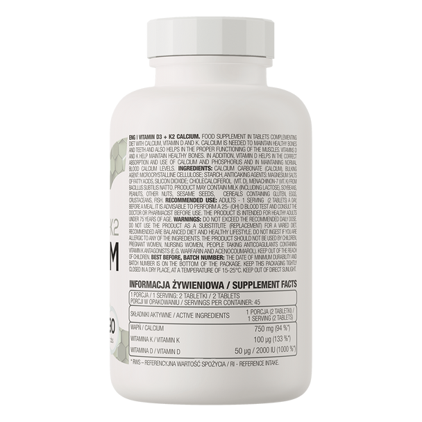 OstroVit Vitamin D3 + K2 + Calcium 90 tabs Ingredients Panel