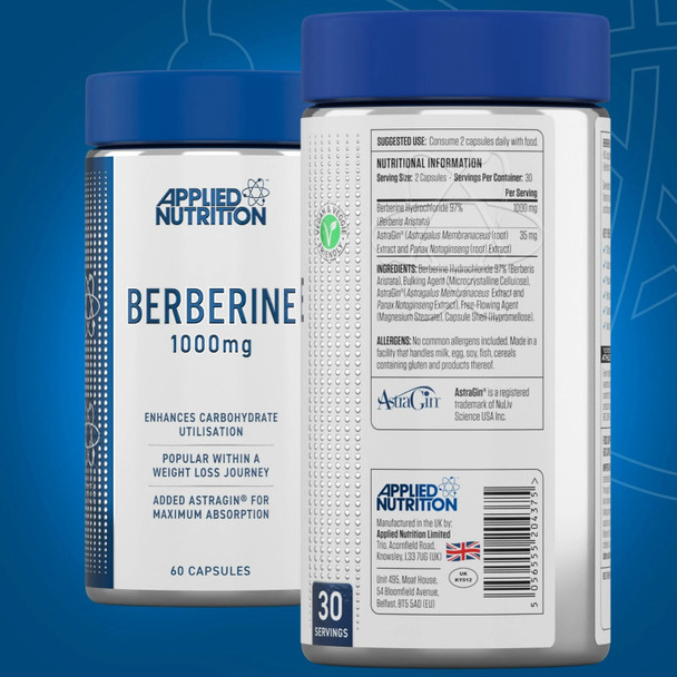 Applied Nutrition Berberine 1000mg Capsules – 60 Vegan Caps, with AstraGin® for Absorption, 30 Day Supply, Tested for Athletes Supplement Facts Panel