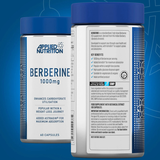 Applied Nutrition Berberine 1000mg Capsules – 60 Vegan Caps, with AstraGin® for Absorption, 30 Day Supply, Tested for Athletes Supplement Facts Panel