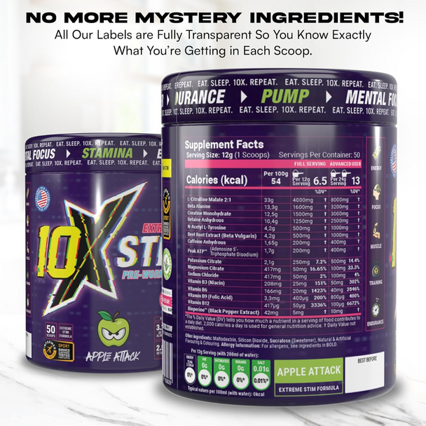 10X Athletic STIM 600g Transparent Formula Supplement Facts