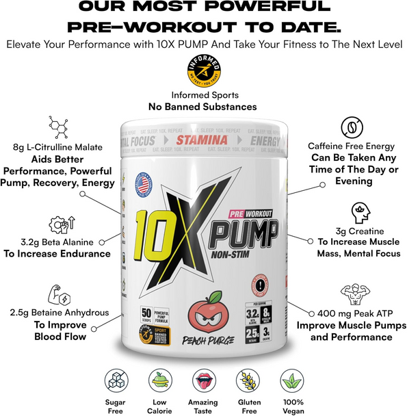 10X Athletic PUMP 600g Stimulant Free Pre-Workout Tub