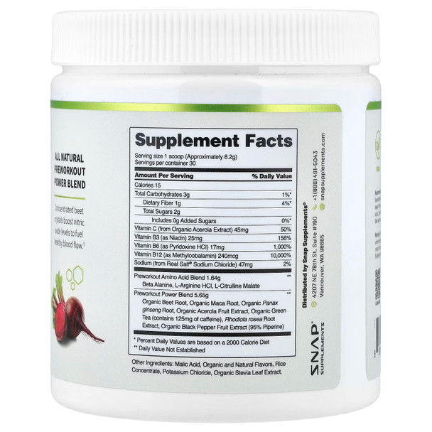 Snap Supplements Pre Workout Mixed Berry 250g Supplement Facts Panel
