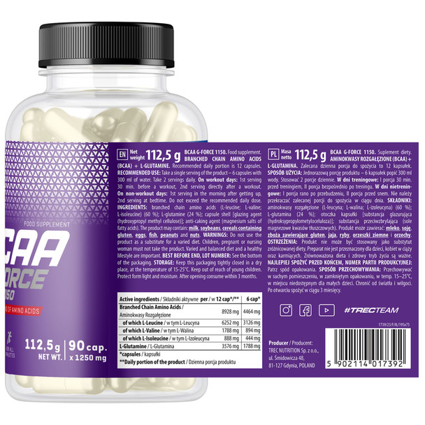 Trec Nutrition BCAA G-FORCE 180 caps Supplement Facts Panel