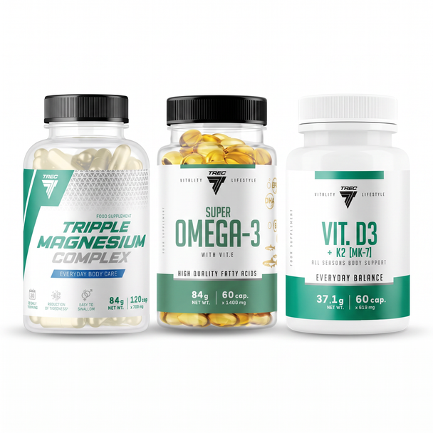 Trec Daily Essentials Bundle - Vitamin D3+K2, Super Omega-3 & Triple Magnesium - bundle