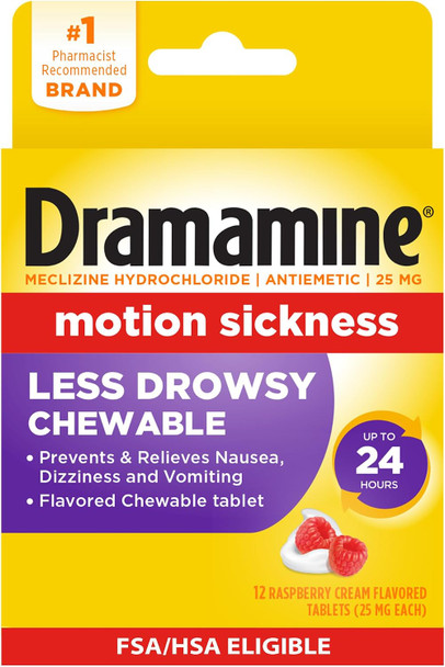 Dramamine Motion Sickness Less Drowsy Raspberry Cream Chewable Tablets 12 Count