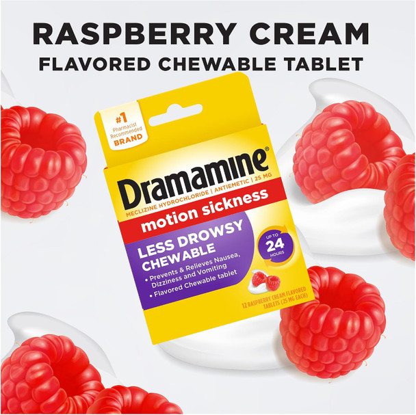Dramamine Motion Sickness Less Drowsy Raspberry Cream Chewable Tablets 12 Count