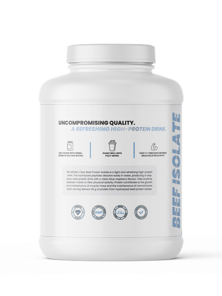 10X Clear Beef Isolate Blue Raspberry side A - nutrition and flavour details