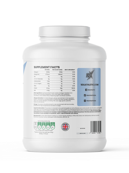 10X Clear Beef Isolate Blue Raspberry side B - nutrition and flavour details