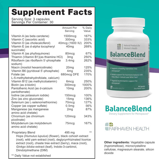 Fairhaven Health BalanceBlend for Menopause Relief 90 Caps Ingredients Panel