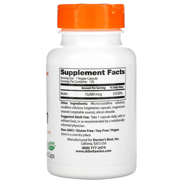 Doctor's Best Best Biotin (10,000mcg) 120 vcaps Ingredients Panel