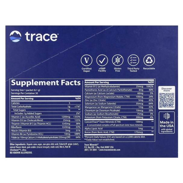 Trace Minerals Power Pak Electrolyte Drink Mix – Acai Berry, 30 Stick Packets Ingredients Panel