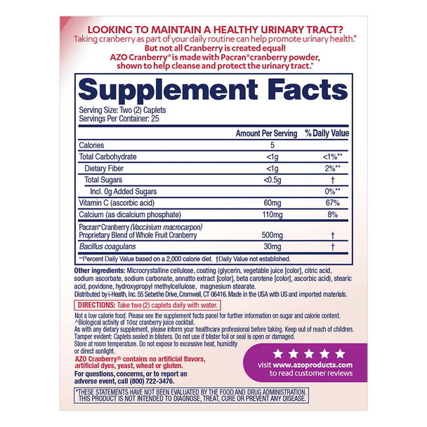 AZO Cranberry 50 Caplets Ingredients Panel