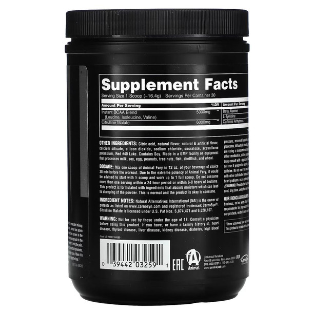 Universal Nutrition Animal Fury - The Complete Pre-Workout Stack Watermelon 492 grams Supplement Facts Panel