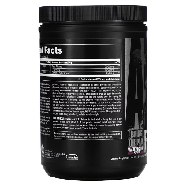 Universal Nutrition Animal Fury - The Complete Pre-Workout Stack Watermelon 492 grams Supplement Facts Panel