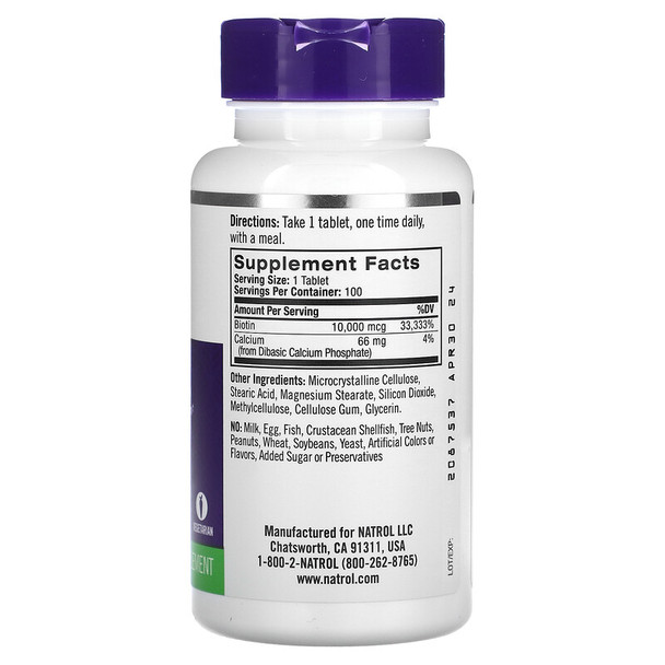 Natrol Biotin (10,000mcg) Maximum Strength 100 tabs Ingredients Panel