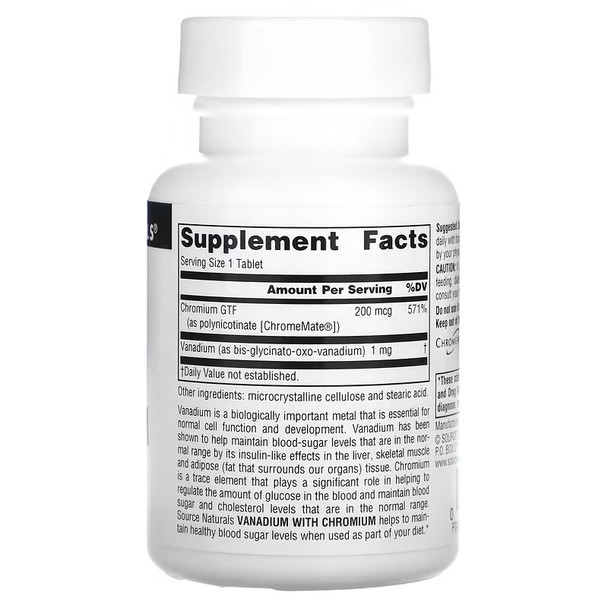 SOURCE NATURALS VANADIUM WITH CHROMIUM Ingredients Panel