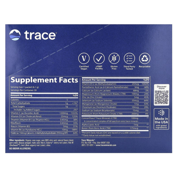 Trace Minerals Electrolyte Stamina Power Pak NonGmo Watermelon Box of 30 Ingredients Panel