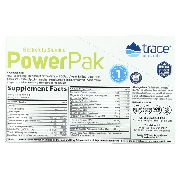 Trace Minerals Electrolyte Stamina Power Pak NonGmo Passionfruit Guava Box of 30 Ingredients