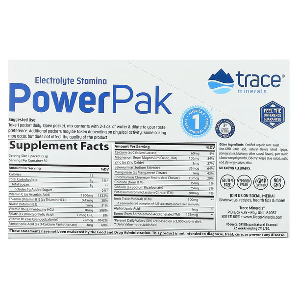 Trace Minerals Power Pak Non-GMO Pomegranate Blueberry BOX 30 packets Ingredients