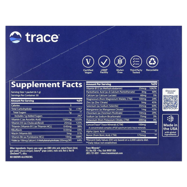 Trace Minerals Electrolyte Stamina Power Pak Non-GMO Mixed Berry Box of 30 Ingredients Panel