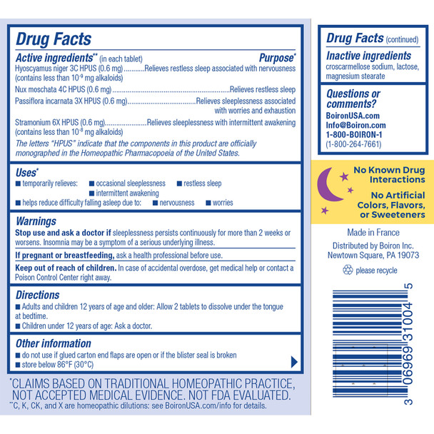 Boiron SLEEPCALM TABLETS Ingredients Panel