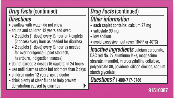 PEPTO BISMOL CAPLET ORIGINAL 24 CT Ingredients Panel