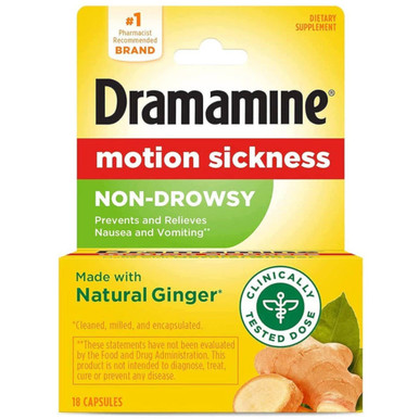 Dramamine Non-Drowsy Motion Sickness 18 Caps Natural Ginger