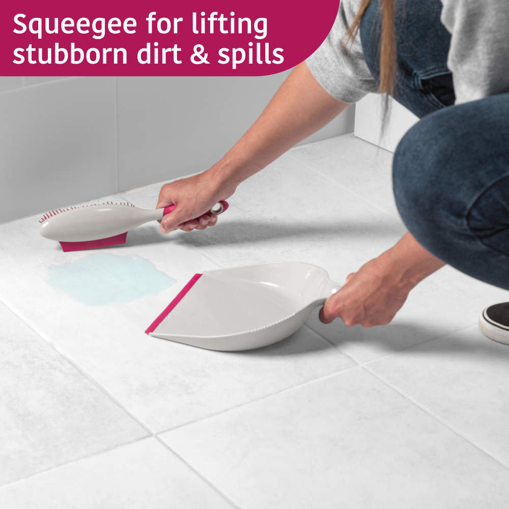 Rubber Head Dustpan And Brush with Squeegee Edge, Pink/Grey Kleeneze