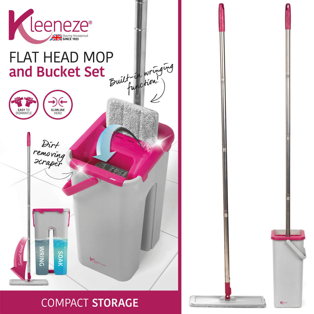 Slimline Flat Head Mop and Bucket Set, Pink/Grey Kleeneze