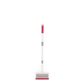 Pink and white sponge mop shown upright on white background