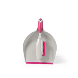 Grey and pink dustpan and brush set, brush fits inside pan, shown from above