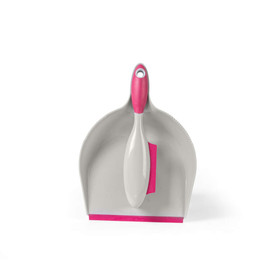 Grey and pink dustpan and brush set, brush fits inside pan, shown from above