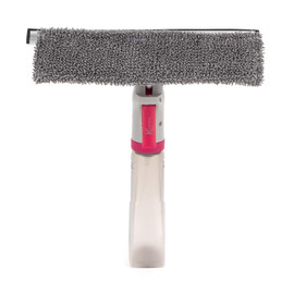 Grey microfibre spray window cleaner with pink handle, shown upright