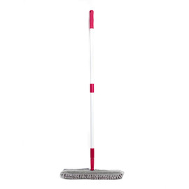 Flat mop with pink and white handle, grey microfibre head, upright on white background