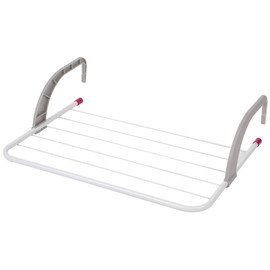 White over radiator airer with grey hooks, shown open and ready to use