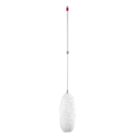White radiator cleaning brush with long pink and white handle, shown on white background.