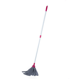 Pink and grey household mop with long handle, shown upright against white background